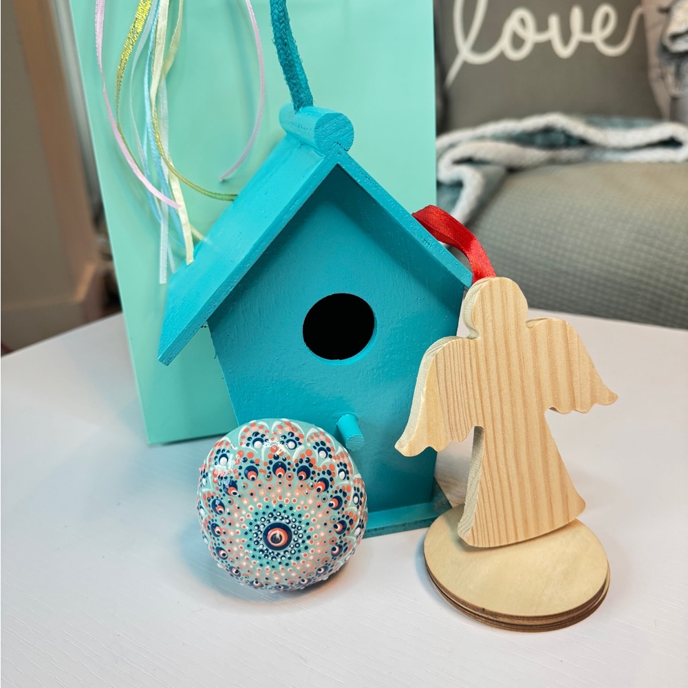 #17 Mandala rock Turquoise Birdhouse and Wooden Angel Ornament Set. Be playful.
